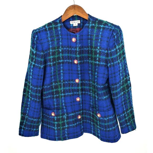 Vintage Talbots Blue & Green Tartan Plaid Wool Blend Clueless Blazer Sz 4 - Picture 1 of 8